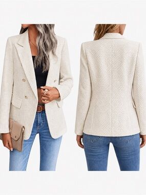 Mina Self L Ivory Tweed Double Breasted Blazer Gold Metallic Old Money
